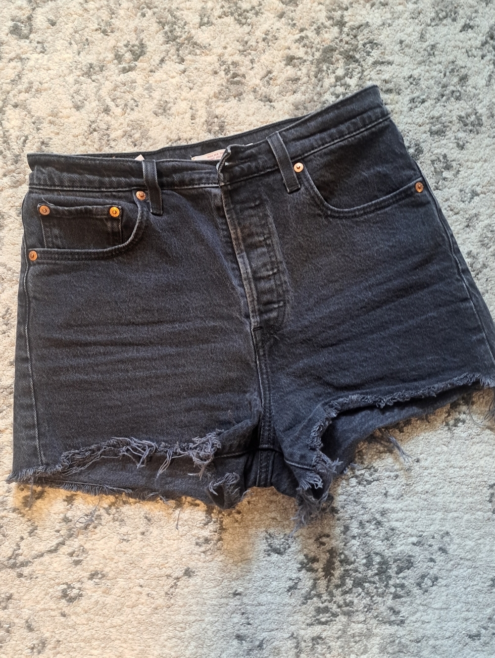 Levi's Black Frayed High-Rise Ribcage Denim Shorts - Picture 2 of 3